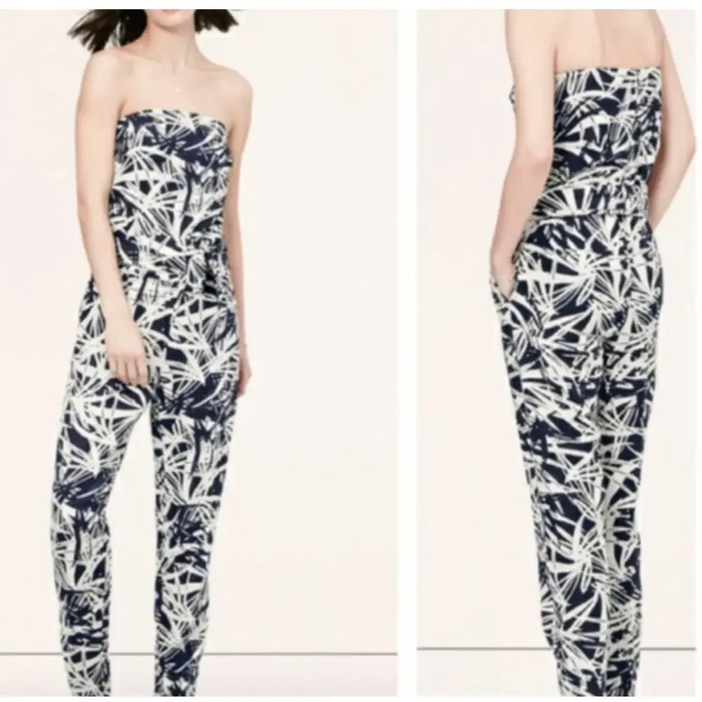 Ann Taylor Loft‎ Strapless Jungle Fever Palm Leaf Jumpsuit Linen Blend Size 6